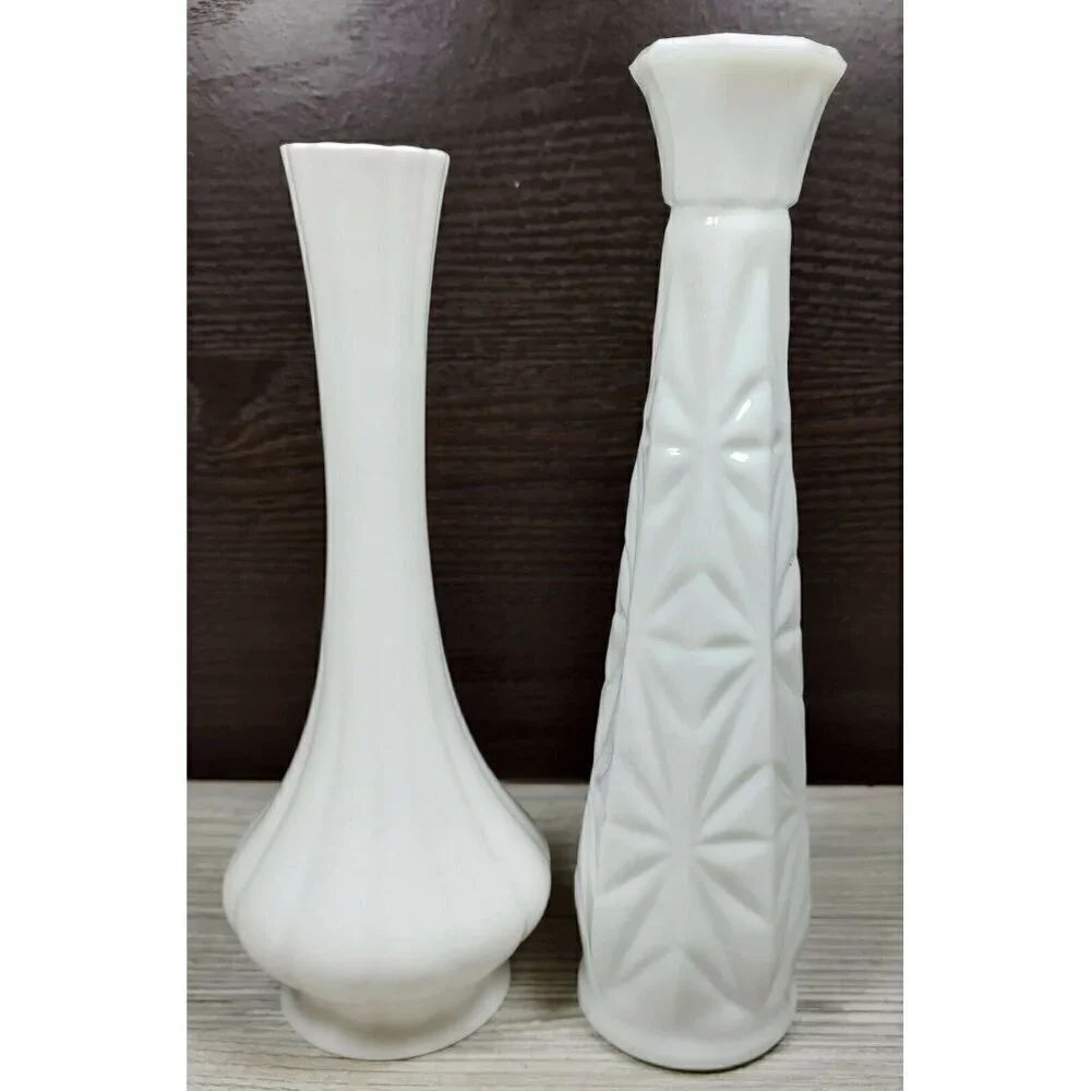 Tuscany Milk Glass White Ceramic Decorative Bud Vase With Metal Rose Set Of 2